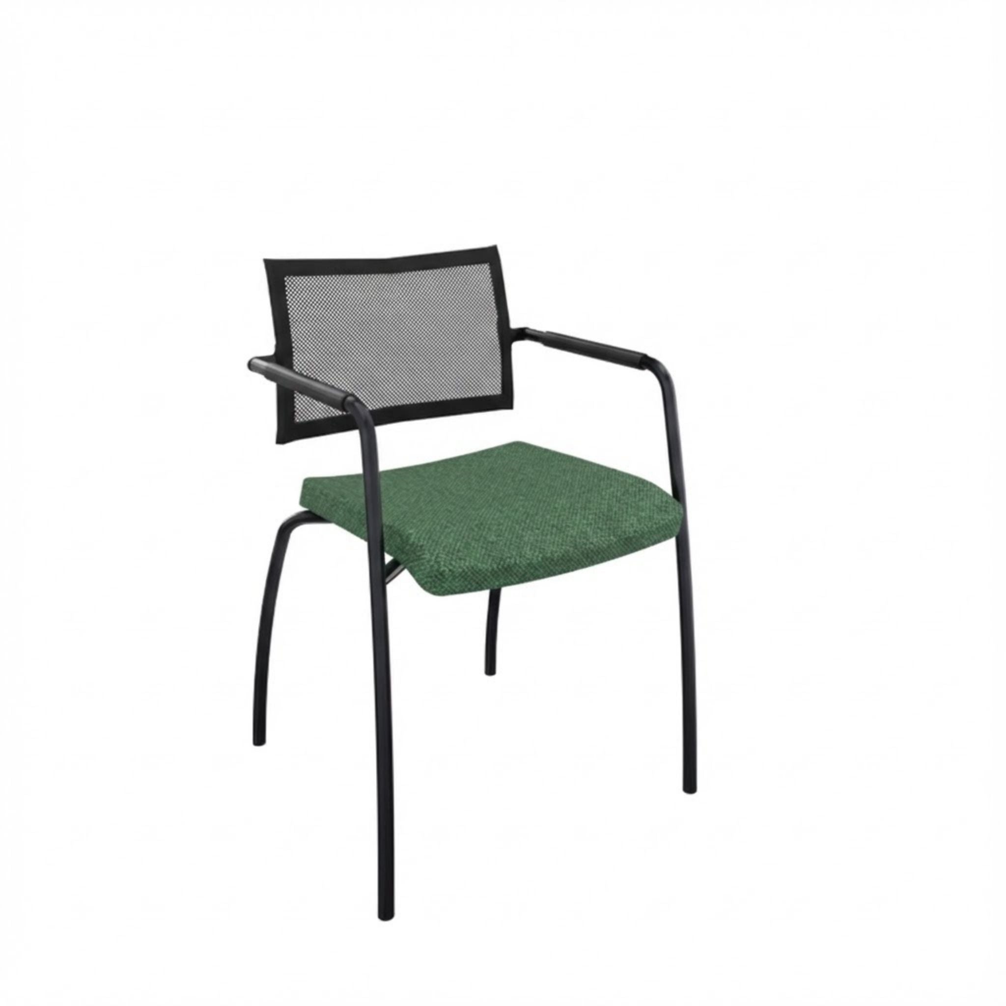 Vergaderstoel met zwart 4-poots frame en een groen gestoffeerde zitting met een lage rugleuning van net bespanning.