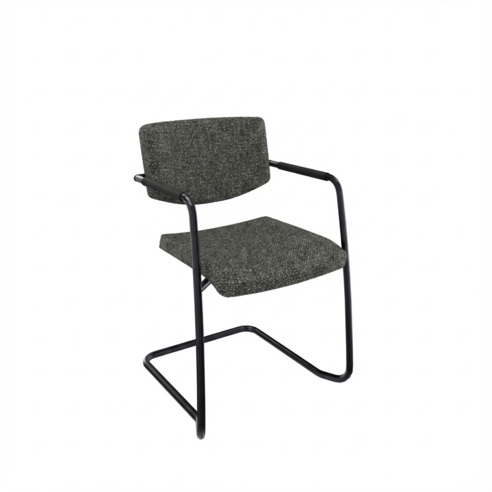 Stoel met slede frame met armleggers, zwart frame en zwarte stoffering.