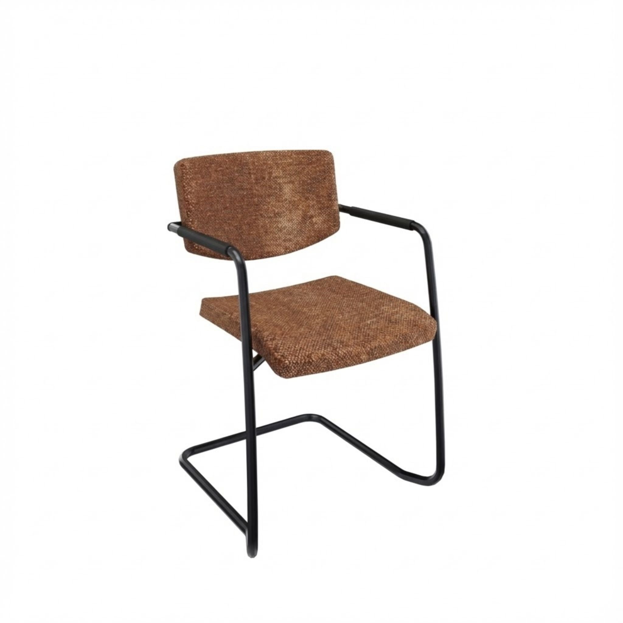 Stoel met slede frame met armleggers, zwart frame en bruine stoffering.