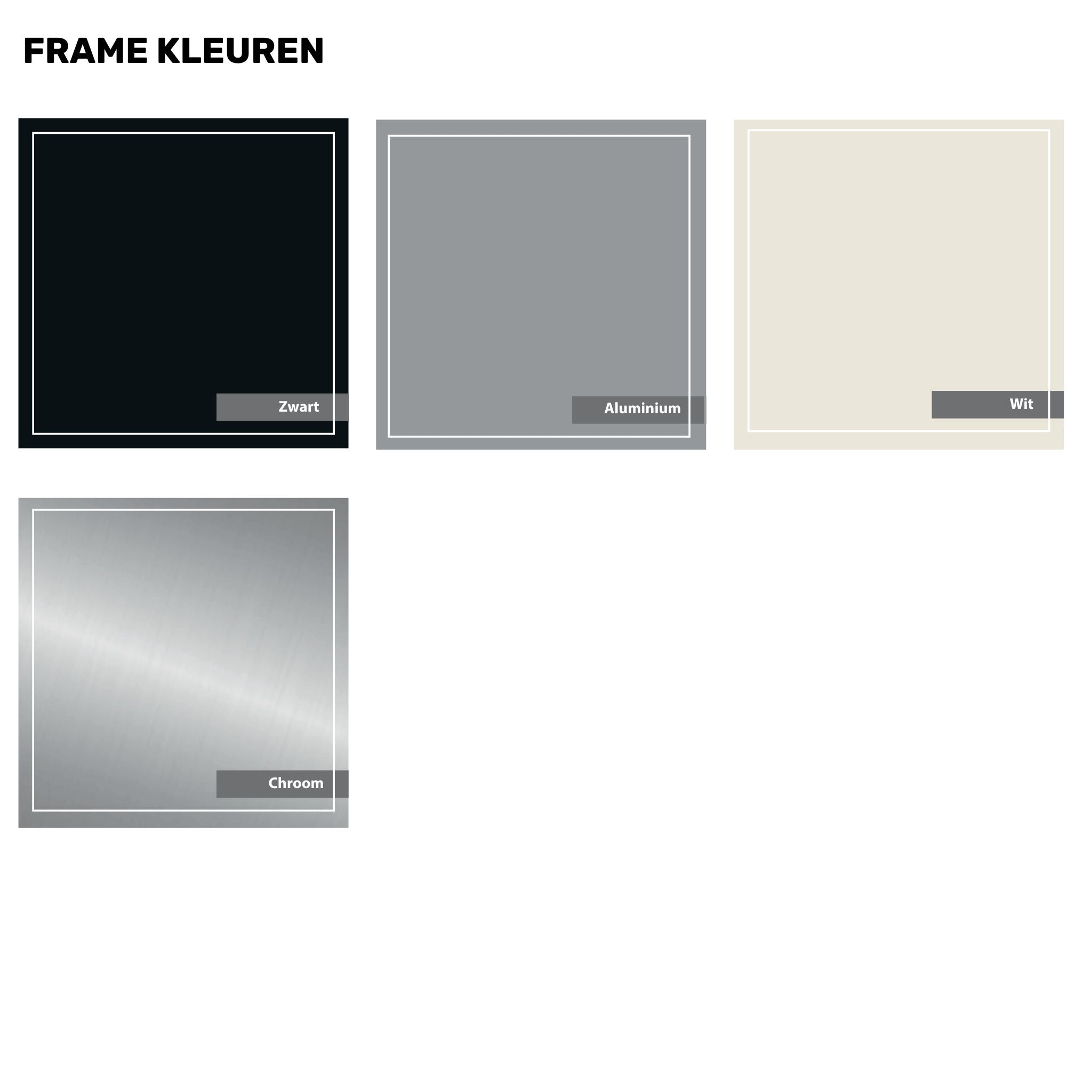 Frame kleuren, zwart, aluminium, wit, chroom