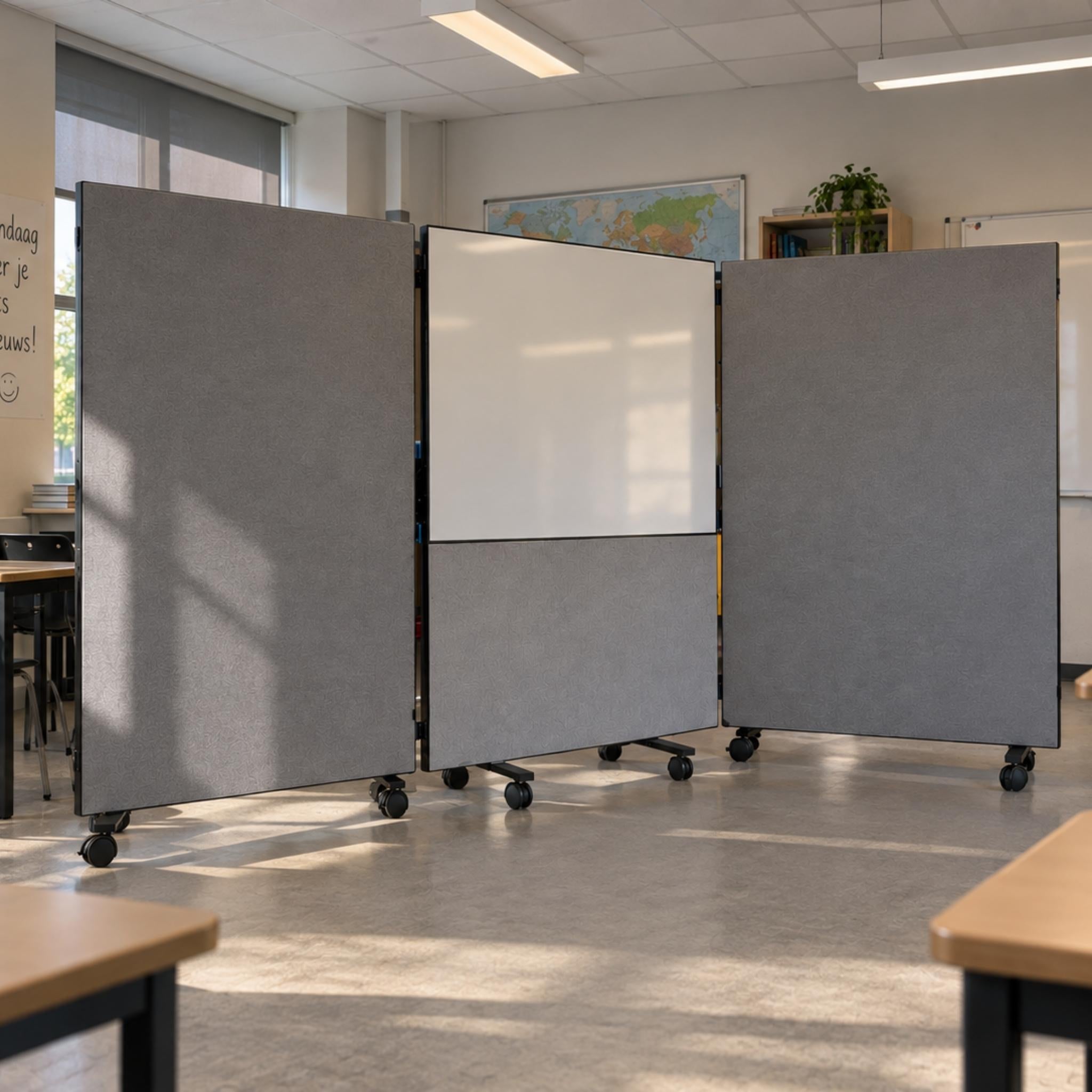 Akoestische harmonicawand met 3 schermen en een whiteboard in het midden.