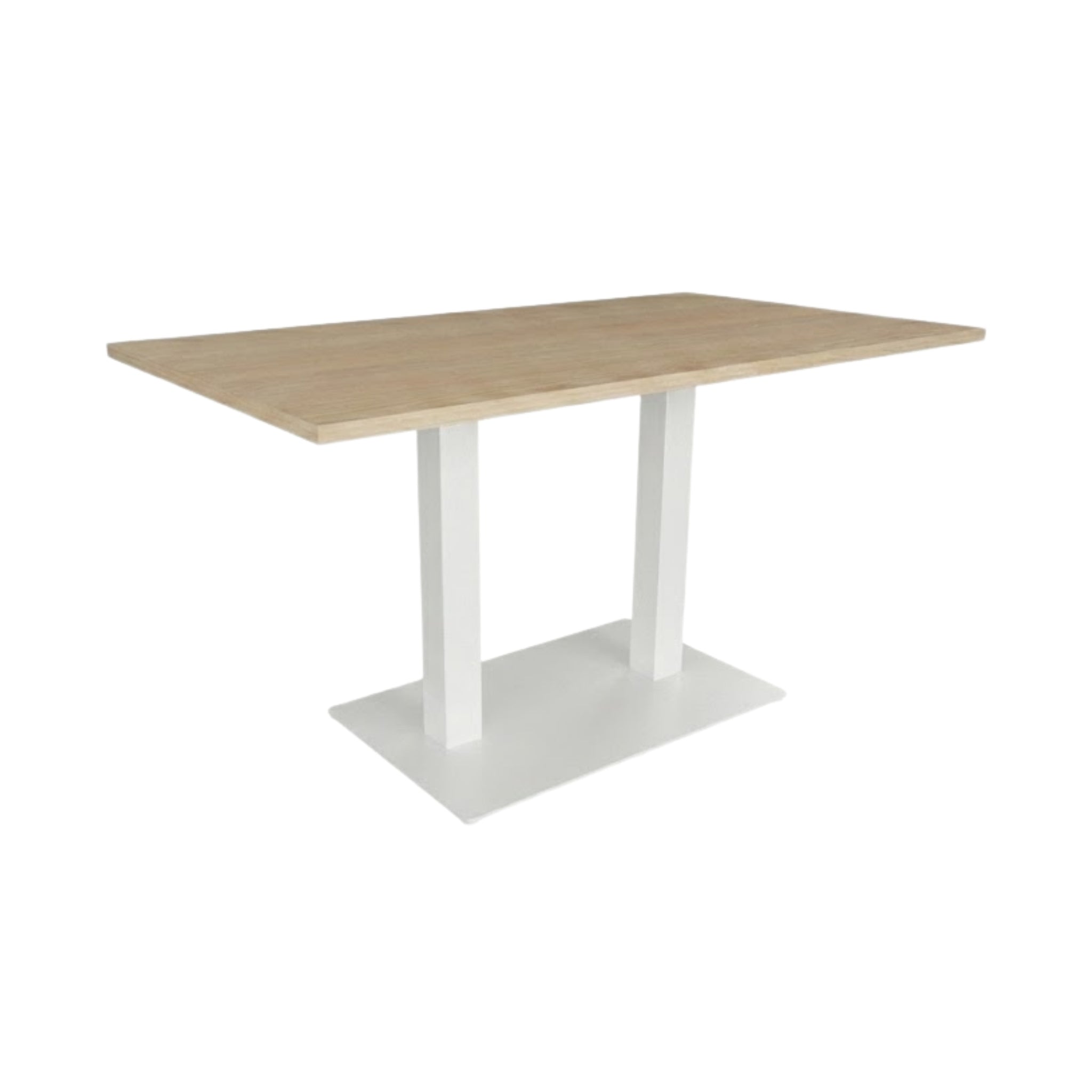 Rechthoekige tafel licht eiken met witte dubbele kolomvoet RAL 9010.