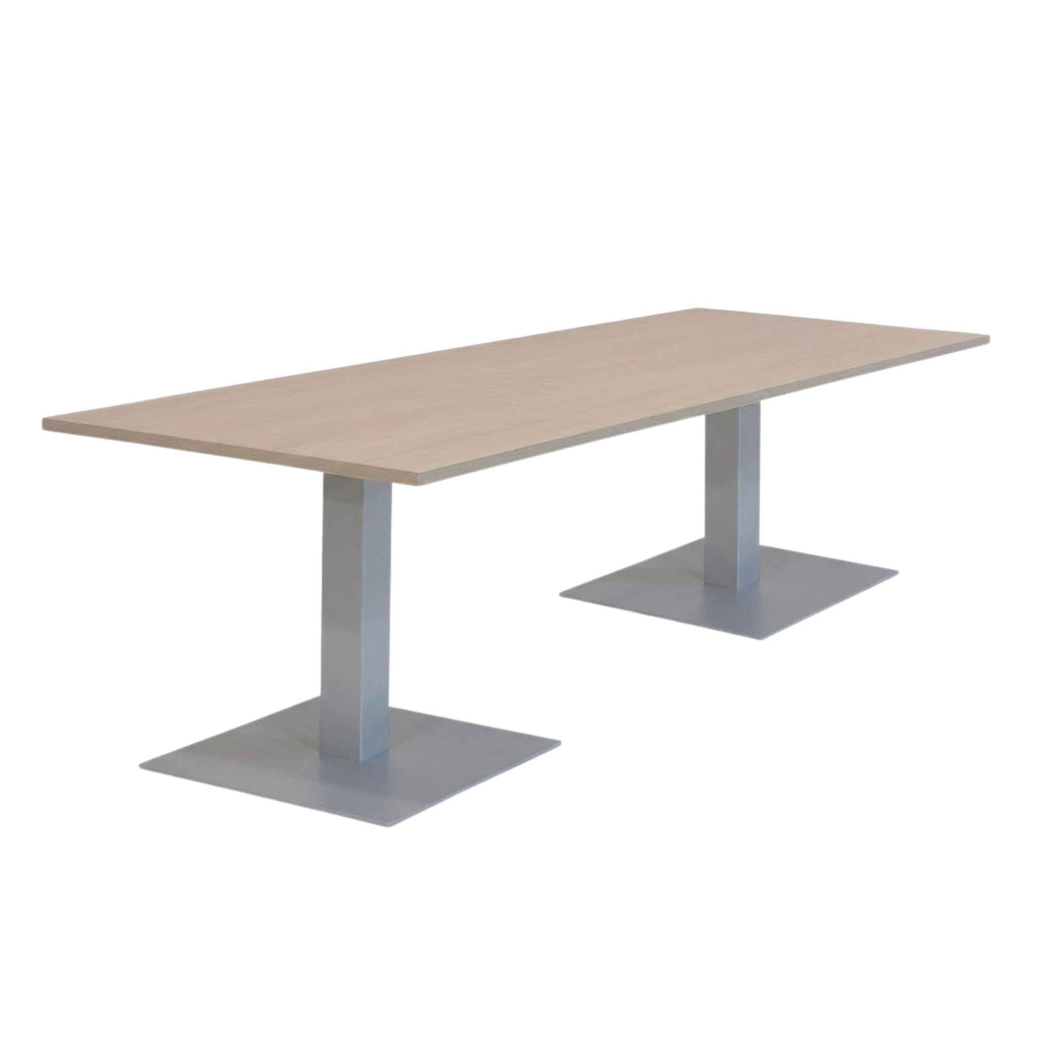 Rechthoekige vergadertafel/kantinetafel met witte kolompoten (RAL 9006) en vierkante voetplaat.