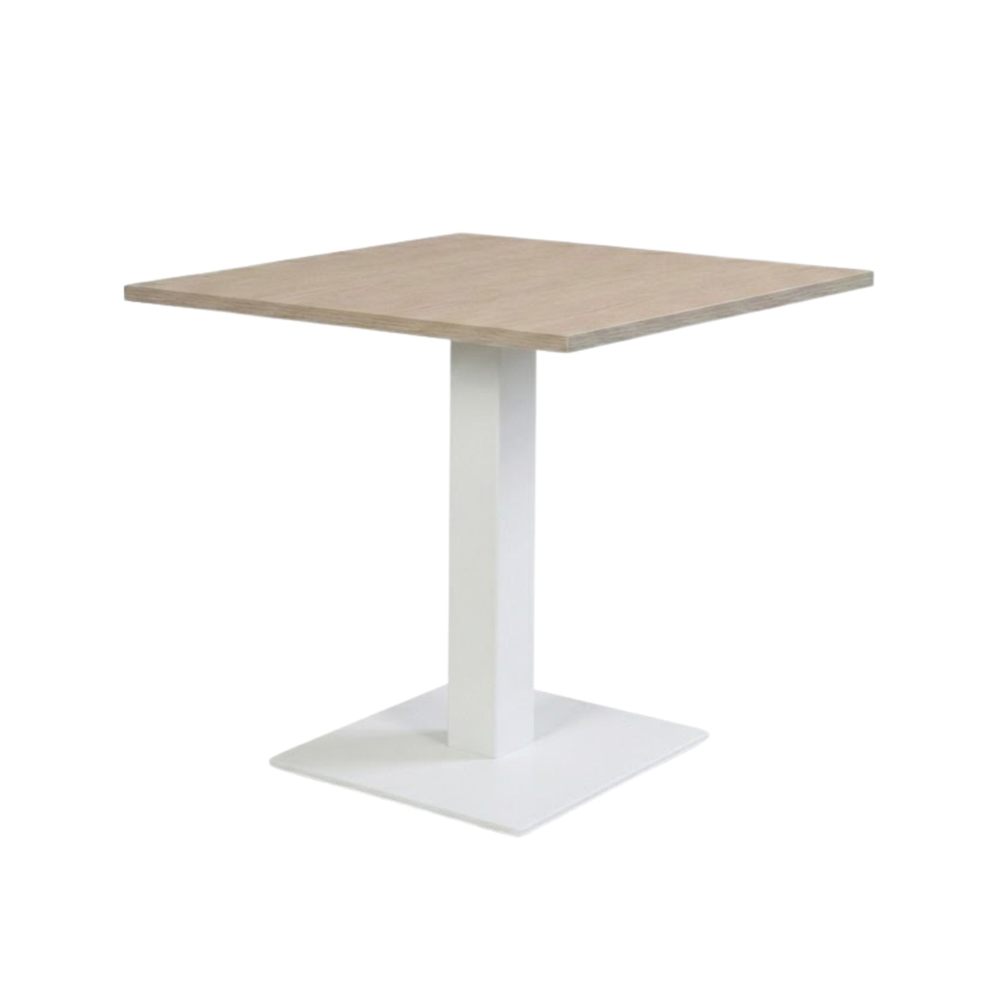 Vierkante vergader-/kantine tafel met licht blad en witte metalen kolomvoet (RAL 9010).