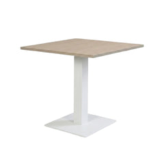 Vierkante vergader-/kantine tafel met licht blad en witte metalen kolomvoet (RAL 9010).