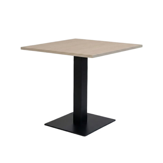 Vierkante vergader-/kantine tafel met licht blad en zwarte metalen kolomvoet (RAL 9005).