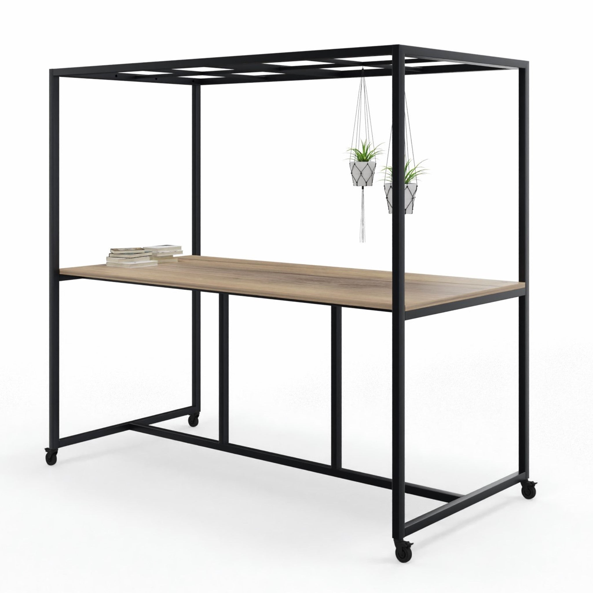 Move_hoge_bespreek-_en_lunchtafel_met_rooster_dakelement_op_wielen 240cm breed x 100cm diep x 110cm hoog