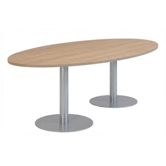 Ovale vergadertafel licht eiken met aluminium grijze trompetvoet RAL 9006