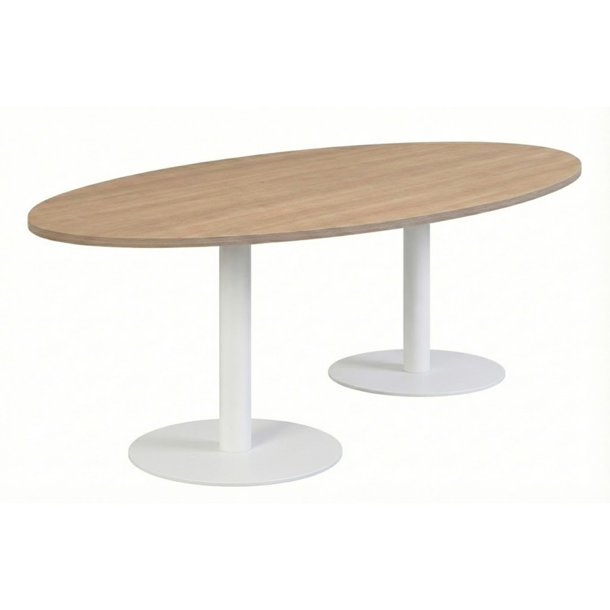 Ovale vergadertafel licht eiken met witte trompetvoet RAL 9010