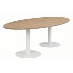 Ovale vergadertafel licht eiken met witte trompetvoet RAL 9010