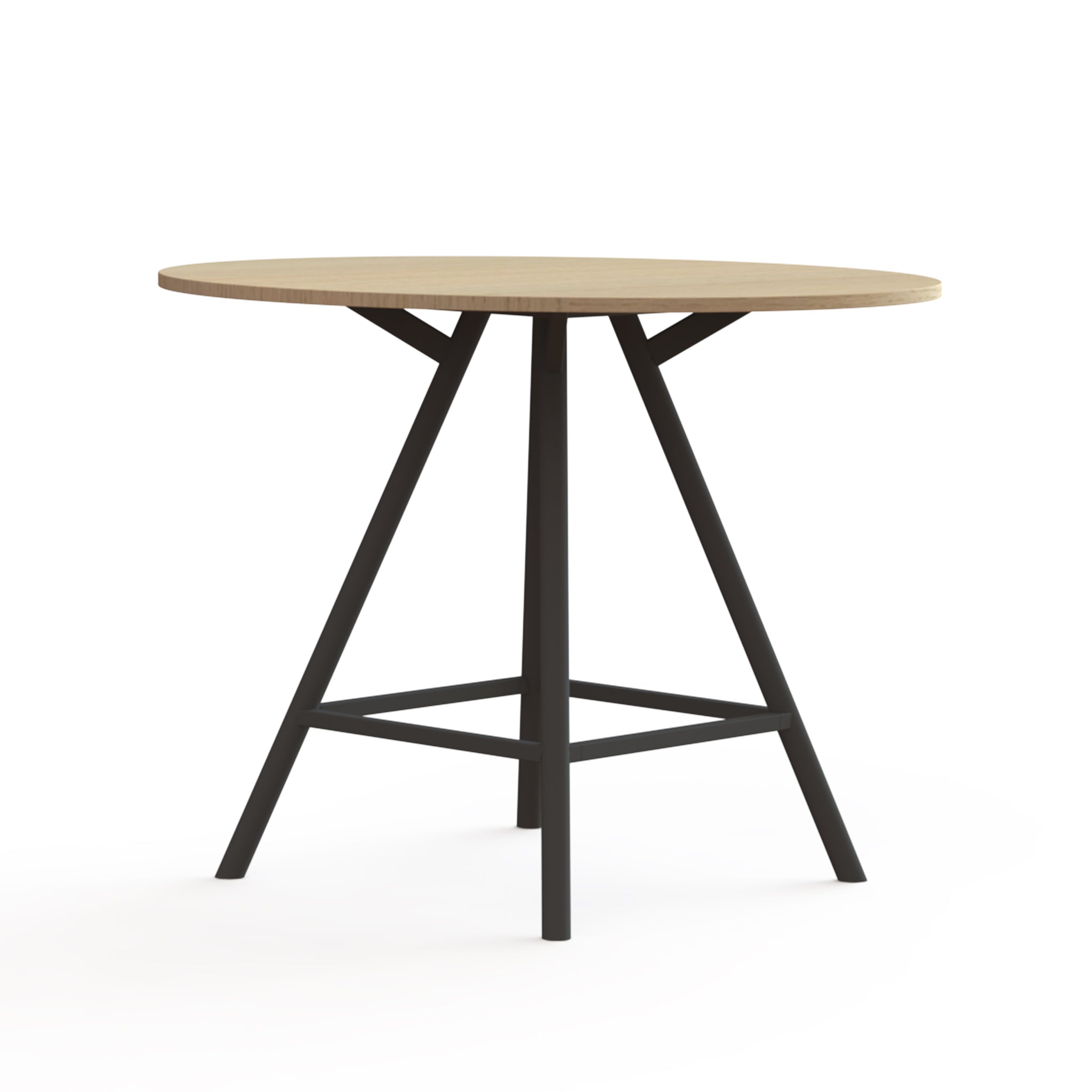 110cm hoge vergadertafel rond blad, ronde poten zwart met houten blad