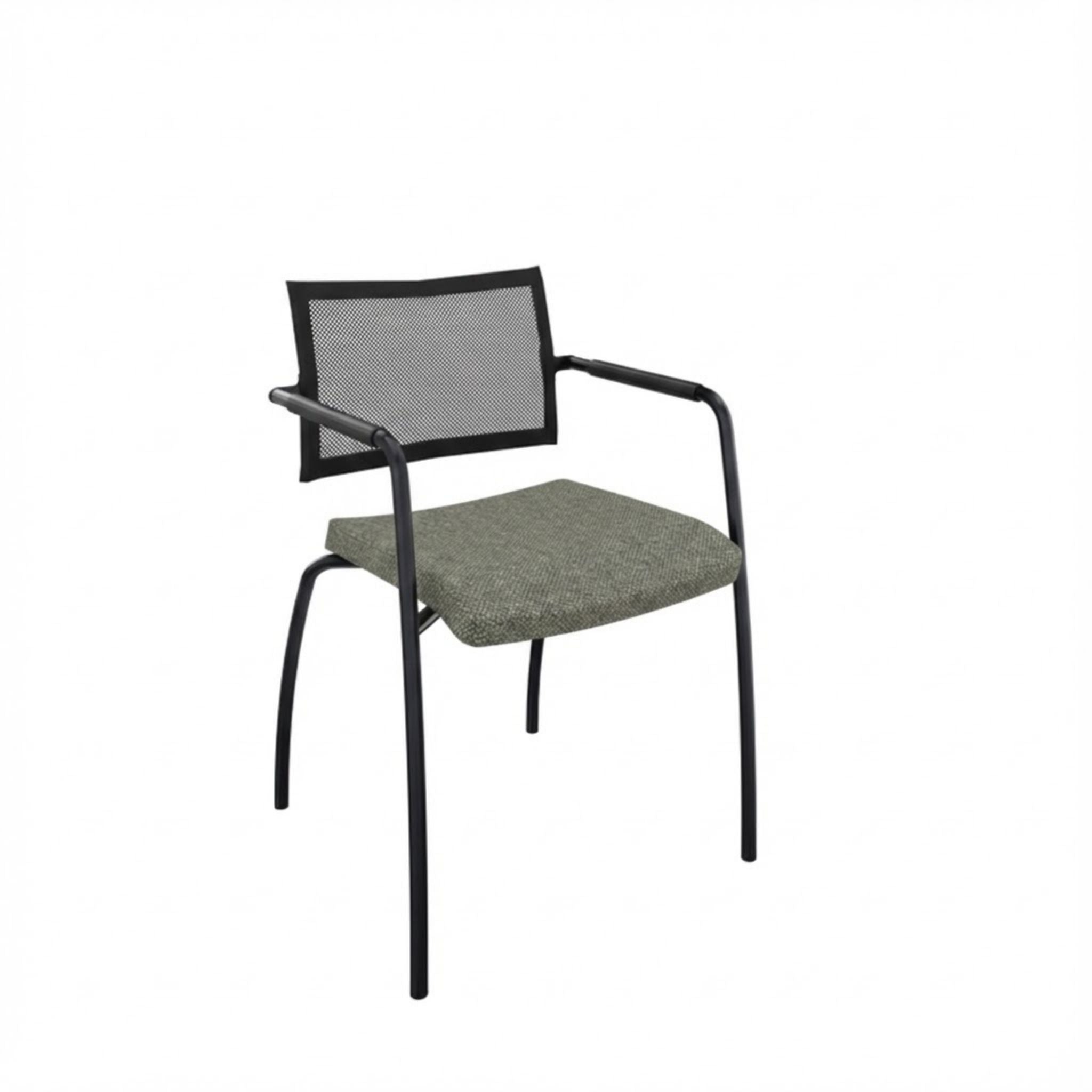 Vergaderstoel met zwart 4-poots frame en een grijs gestoffeerde zitting met een lage rugleuning van net bespanning.