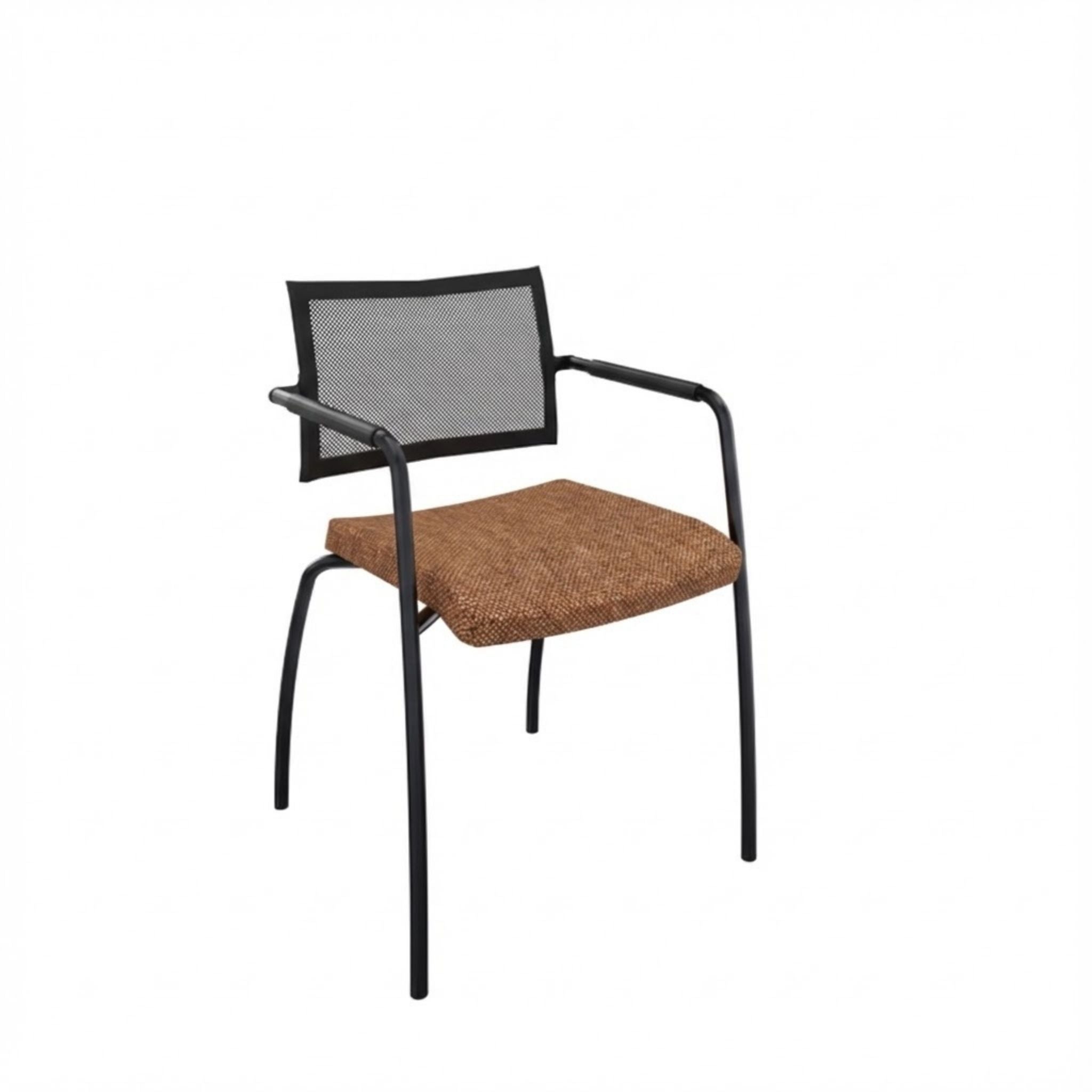 Vergaderstoel met zwart 4-poots frame en een bruin gestoffeerde zitting met een lage rugleuning van net bespanning.