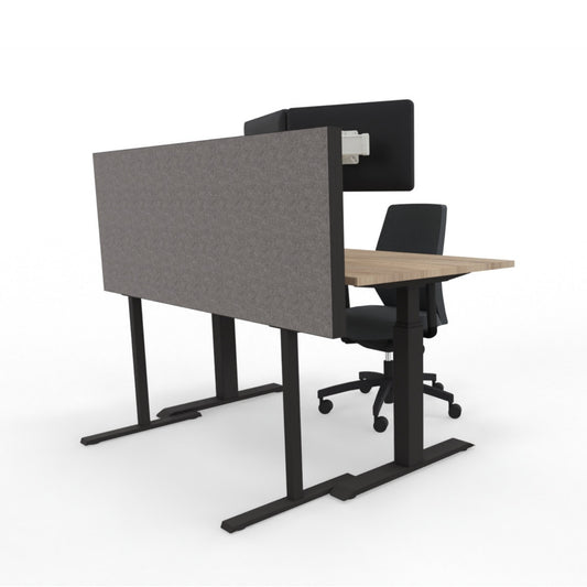 Akoestische bureaudivider bureuscherm  grijs op hoge poten. 