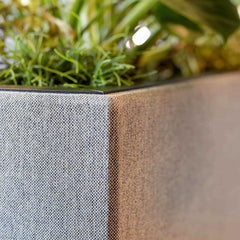 Moderne, geluidsabsorberende stoffen akoestische plantenbak op wieltjes, gevuld met Monstera planten.