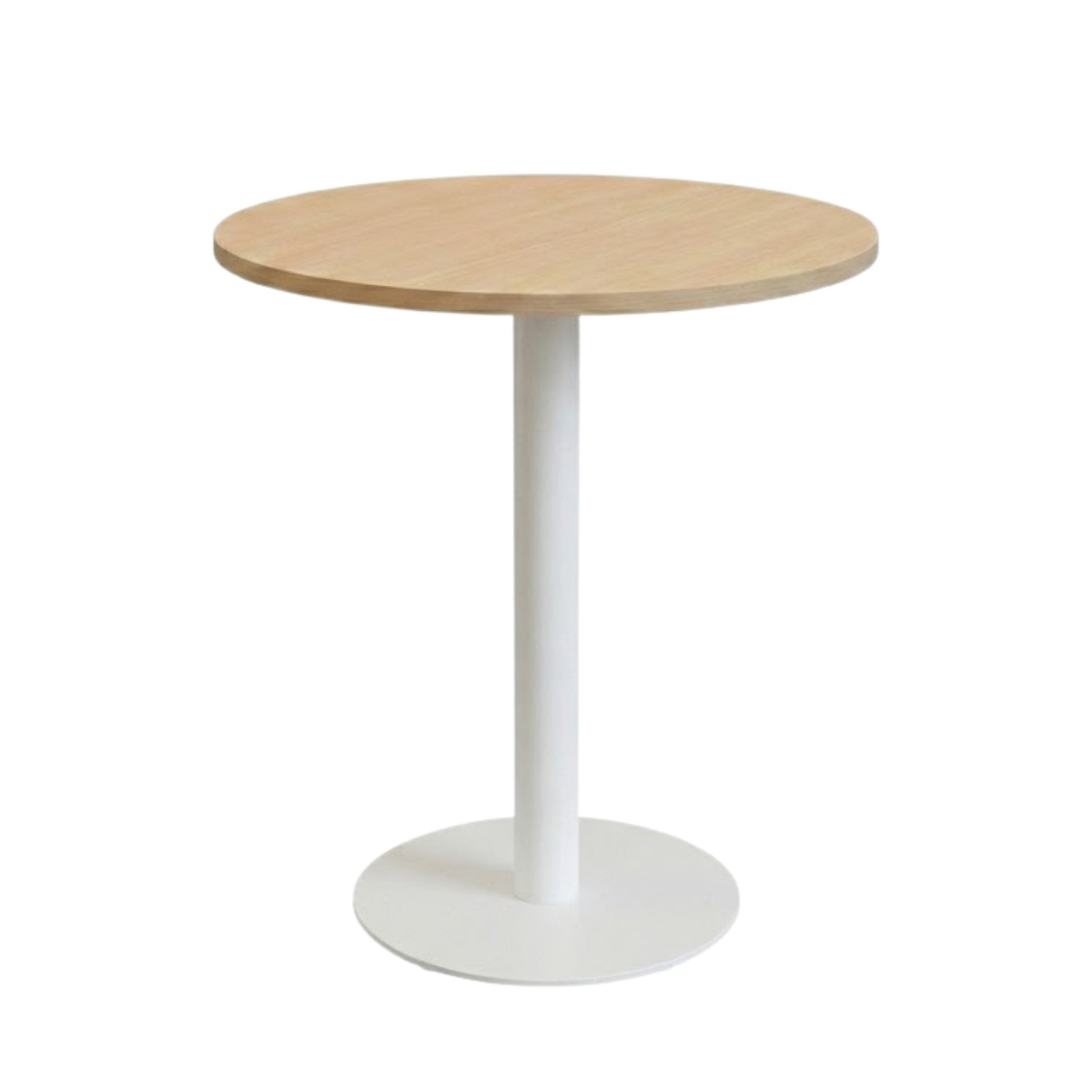 Hoge ronde kantinetafel licht eiken met witte ronde kolomvoet RAL (9010).