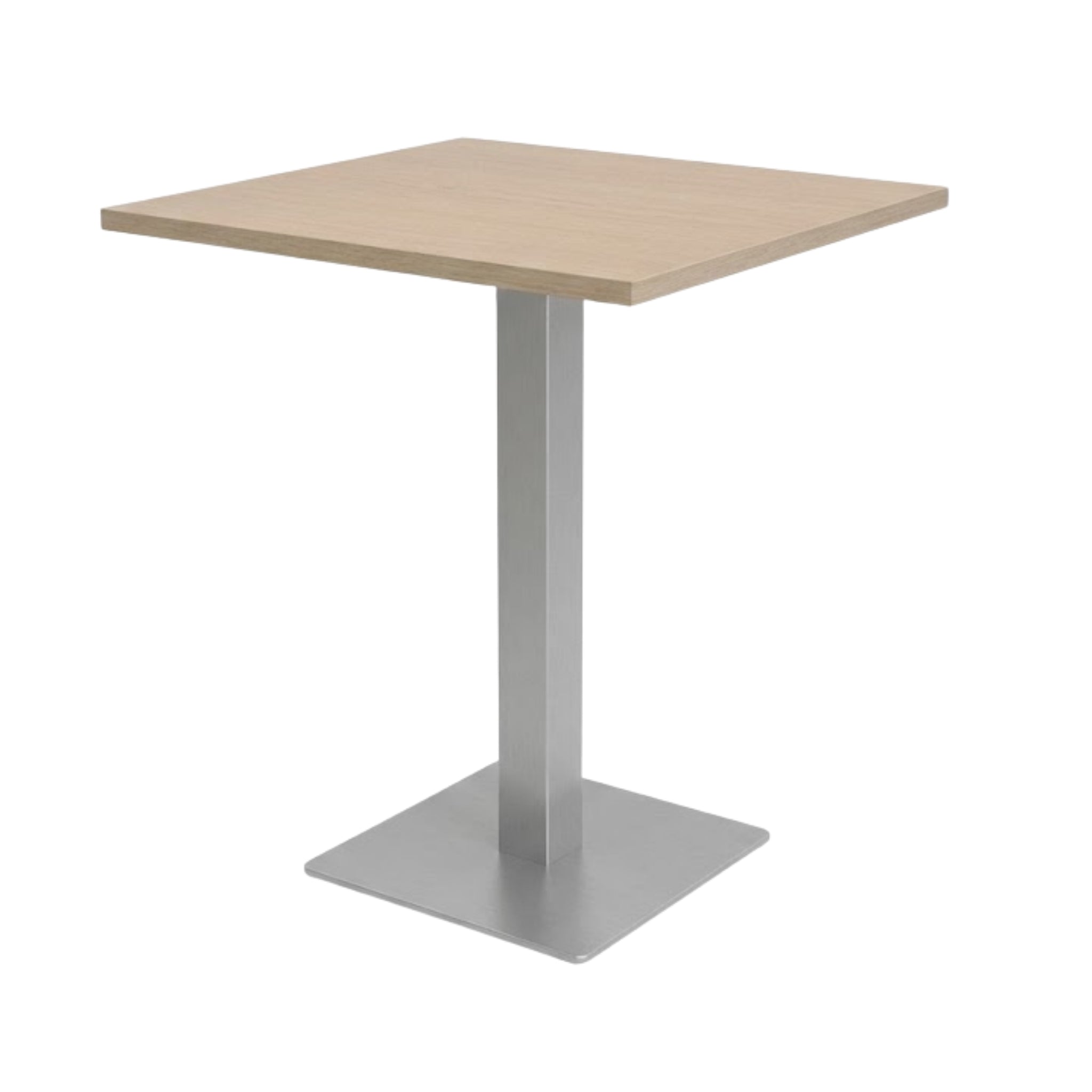 Hoge vierkante kantinetafel licht eiken met aluminium vierkante kolomvoet (RAL 9006).