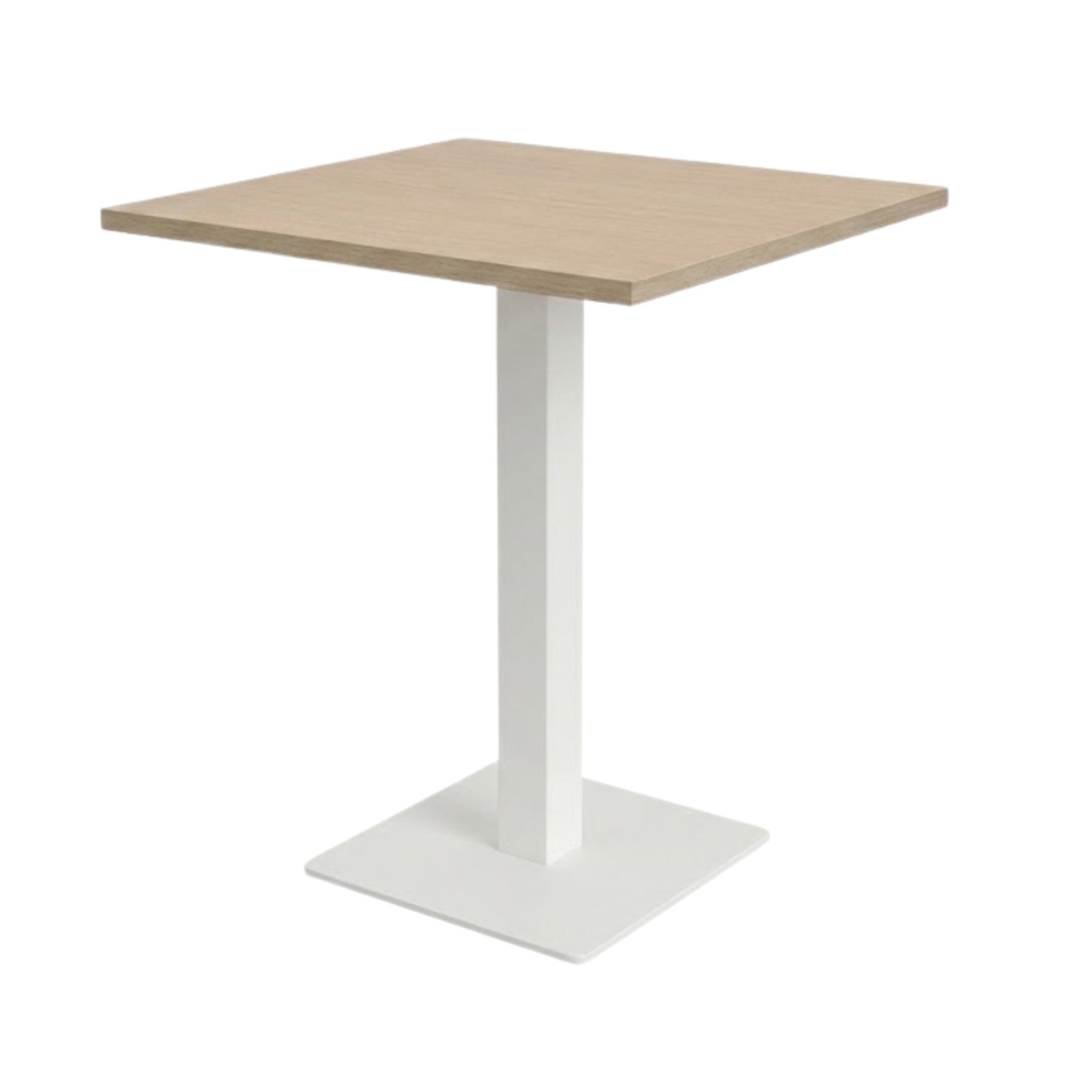 Hoge vierkante kantinetafel licht eiken met witte vierkante kolomvoet (RAL 9010).