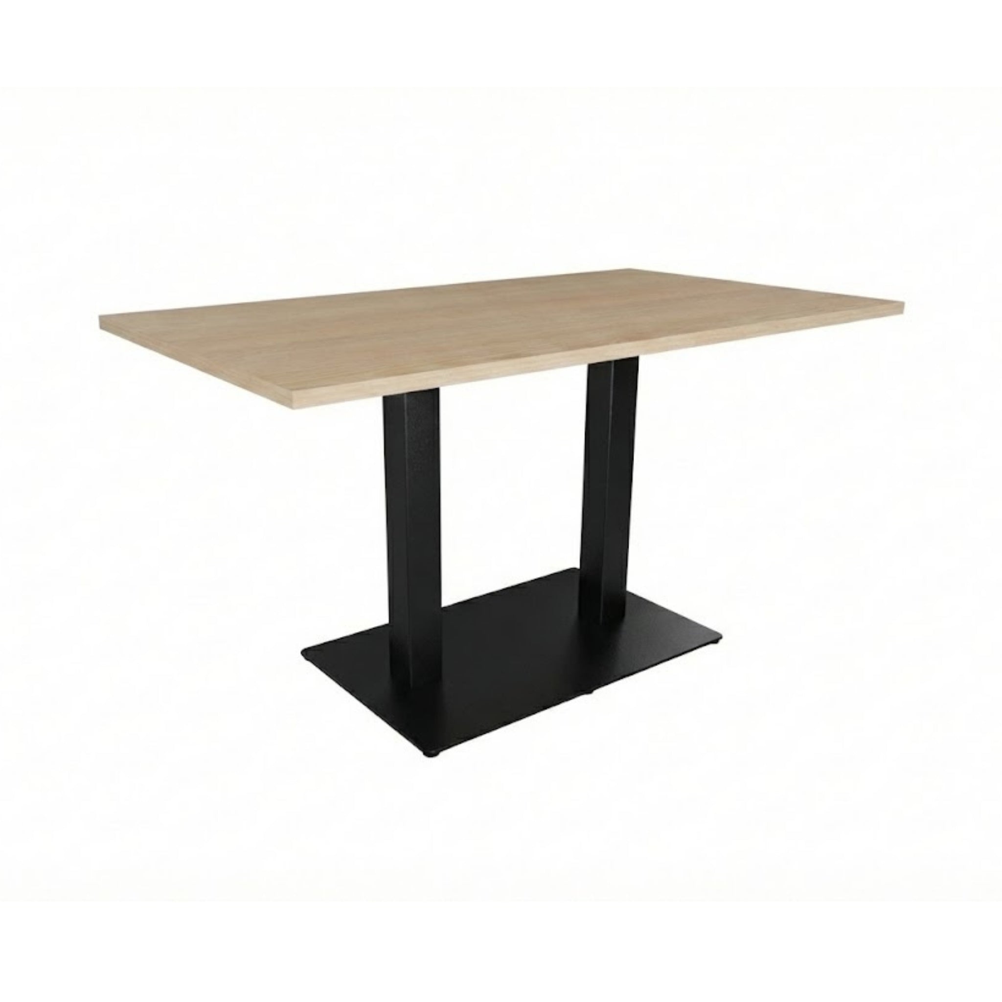 Rechthoekige tafel licht eiken met zwarte dubbele kolomvoet RAL 9005.