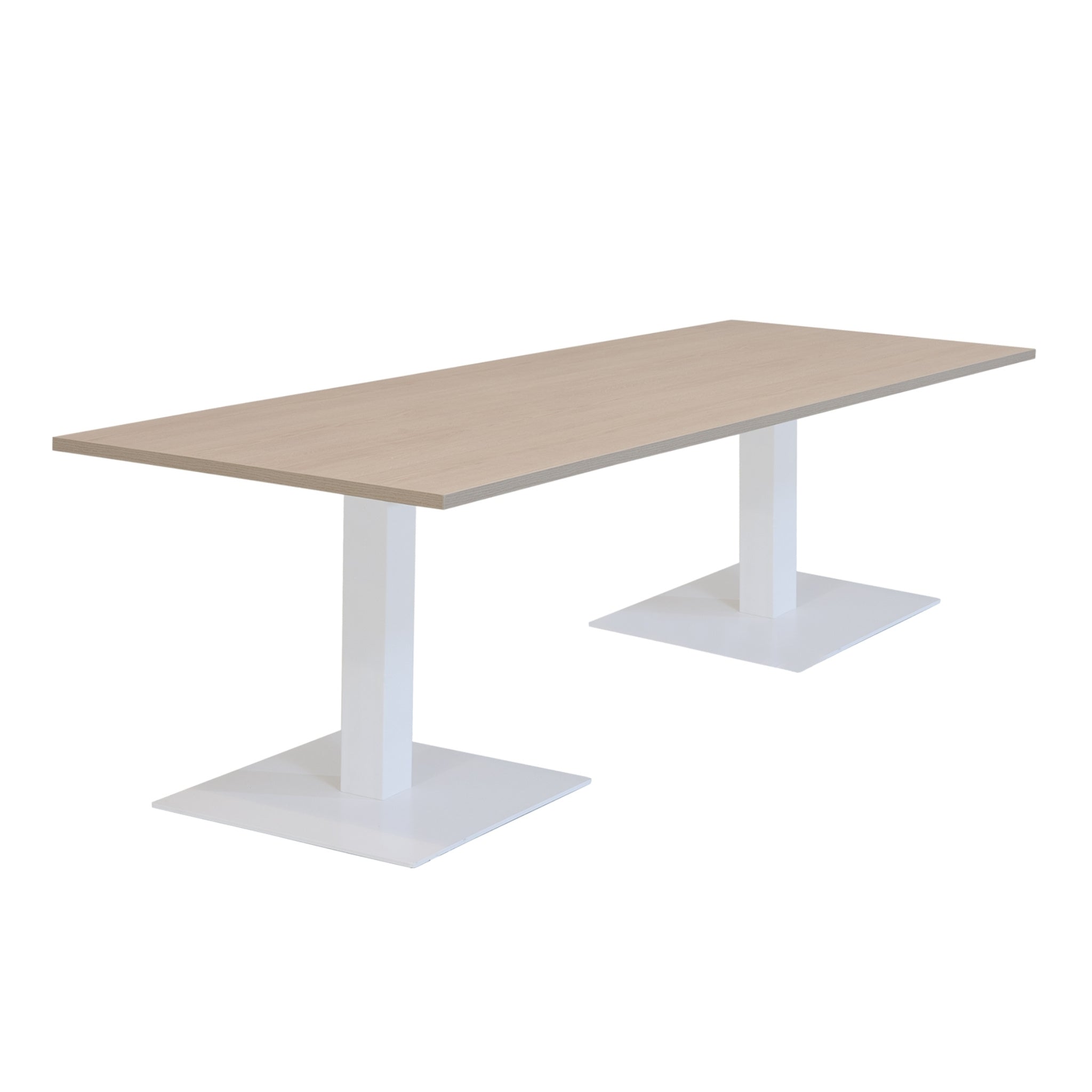 Rechthoekige vergadertafel/kantinetafel met witte kolompoten (RAL 9010) en vierkante voetplaat.