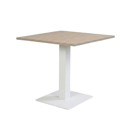 Vierkante vergader-/kantine tafel met licht blad en witte metalen kolomvoet (RAL 9010).