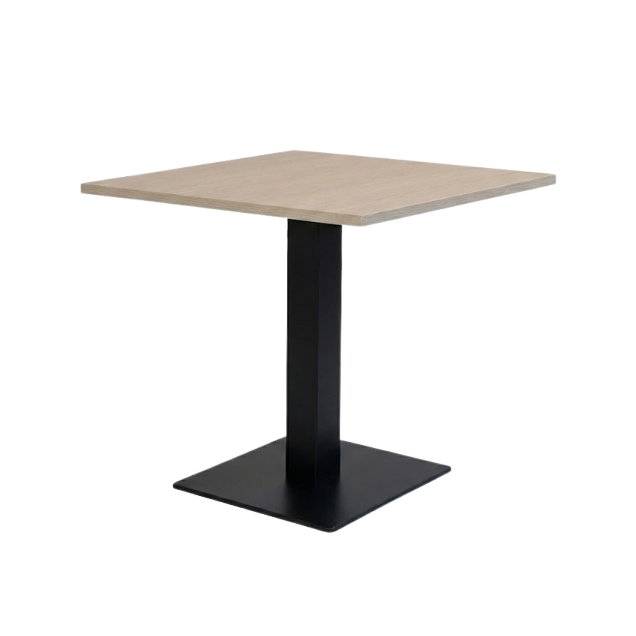 Vierkante vergader-/kantine tafel met licht blad en zwarte metalen kolomvoet (RAL 9005).