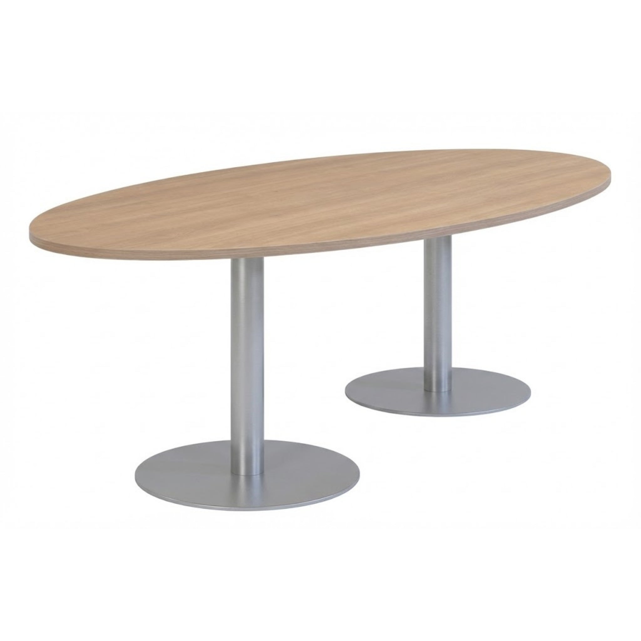 Ovale vergadertafel licht eiken met aluminium grijze trompetvoet RAL 9006