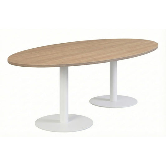 Ovale vergadertafel licht eiken met witte trompetvoet RAL 9010