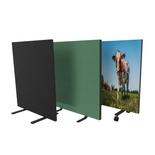 Akoestische afscheiding, roomdivider in verschillende kleuren en printdoek.