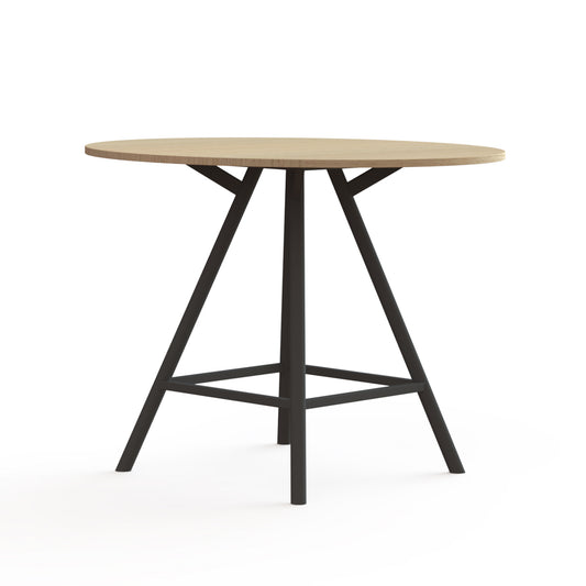 110cm hoge vergadertafel rond blad, ronde poten zwart met houten blad