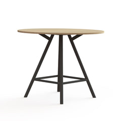 110cm hoge vergadertafel rond blad, ronde poten zwart met houten blad