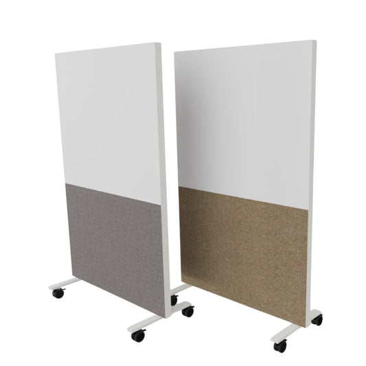 Whiteboard, half akoestisch, half whiteboard en is verrijdbaar.