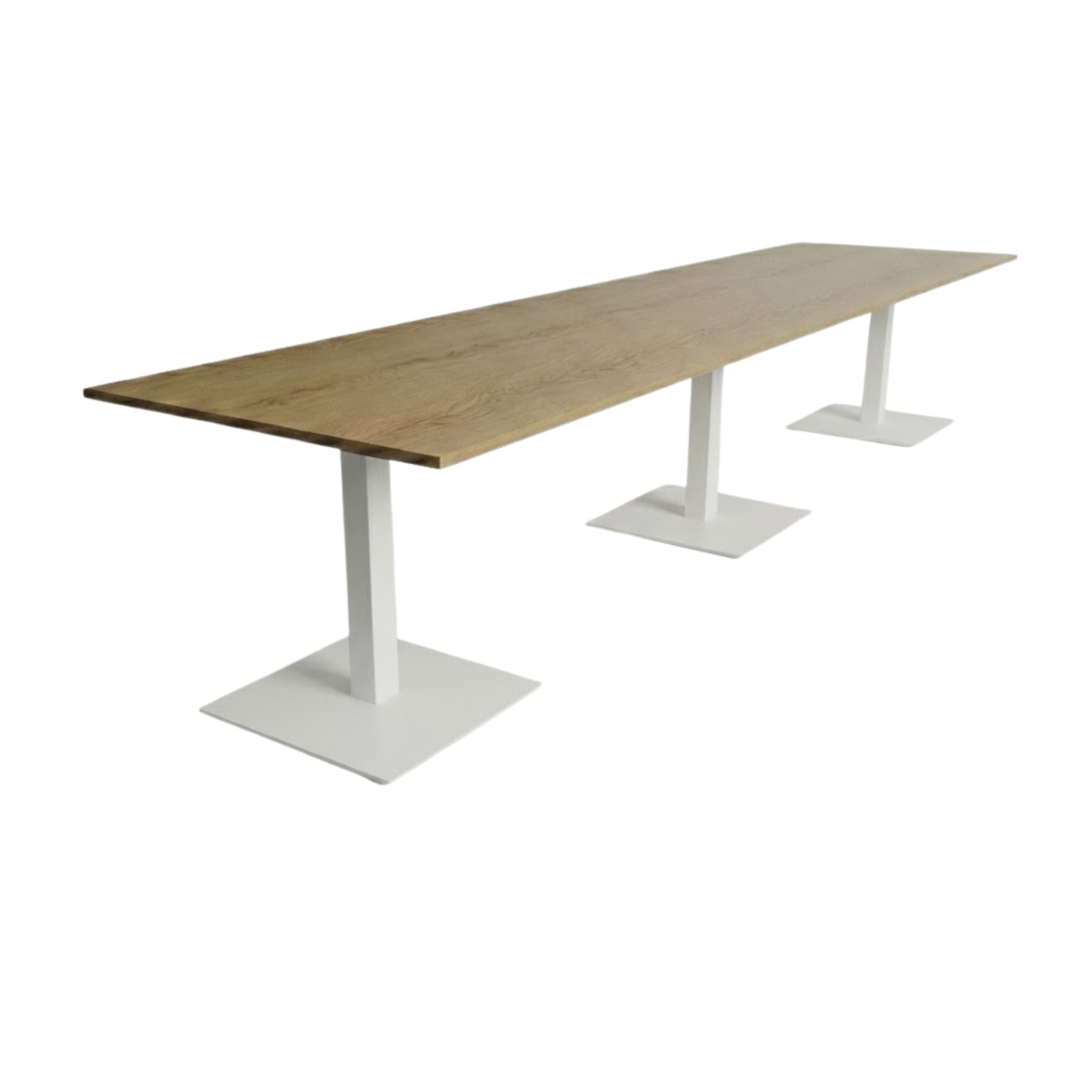 Lange rechthoekige vergader-/kantinetafel met drie witte kolompoten (RAL 9010).